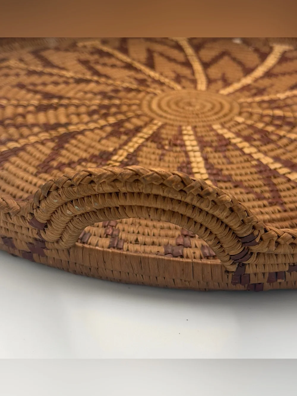 Vintage Hand Coiled Woven Basket Tray With Handles Geometric Boho Decor Brown